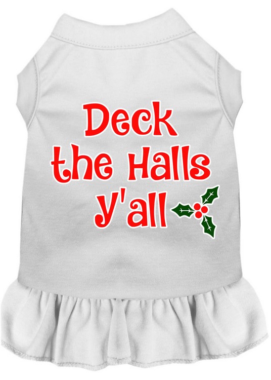 Deck the Halls Y'all Screen Print Dog Dress White Med